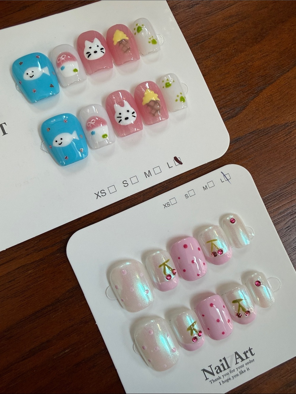 Nail Art Press-On bundle cat and cherries - Pink & Blue Cute Designs - short